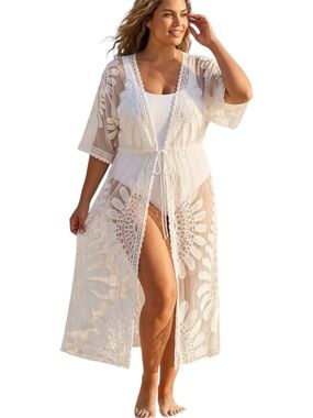 Venus White Boho Lace Embroidered Full Length Duster Kimono Cover Up Size 1X/2X